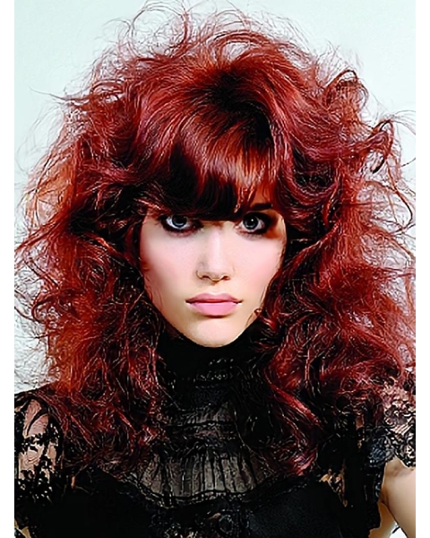 16 Inches Red Curly Shoulder Length With Neat Bangs  Capless Human Hair Women Wigs