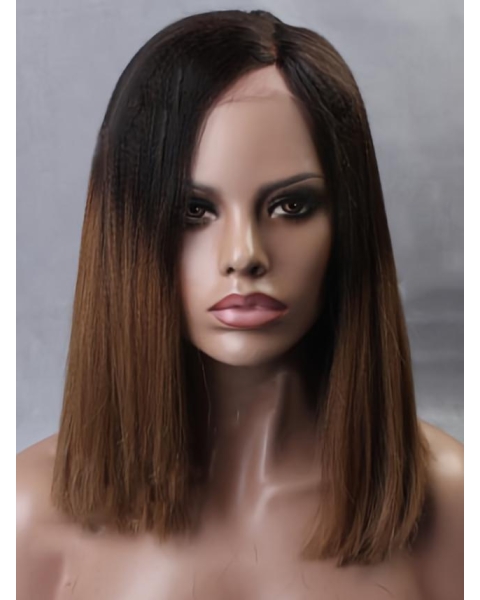 Inspired Ombre Medium Length Straight Lace Front Human Hair Women Wig