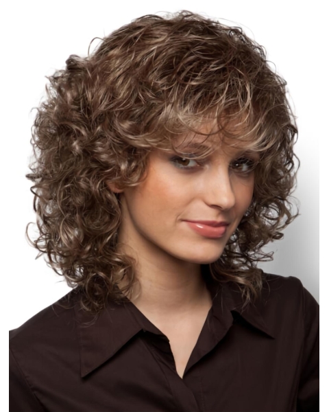 Comfortable Curly Brown Shoulder Length With Bangs Affordable Synthetic Women Wigs