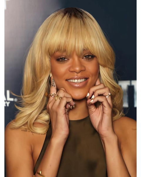 Fashion Blonde Curly Shoulder Length Capless Synthetic Rihanna Women Wigs