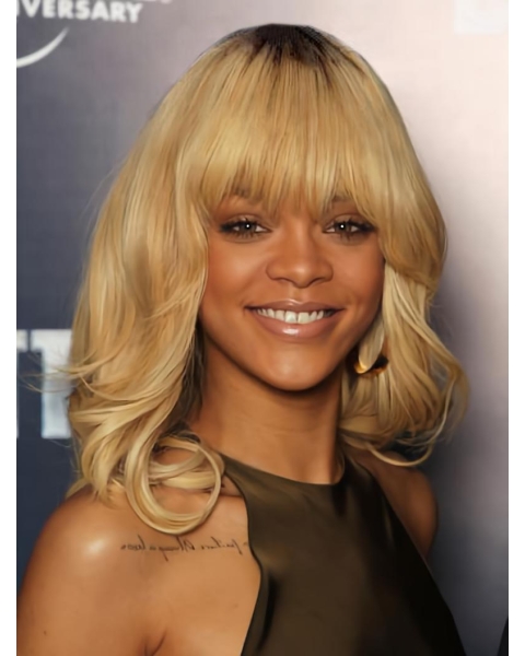 Fashion Blonde Curly Shoulder Length Capless Synthetic Rihanna Women Wigs