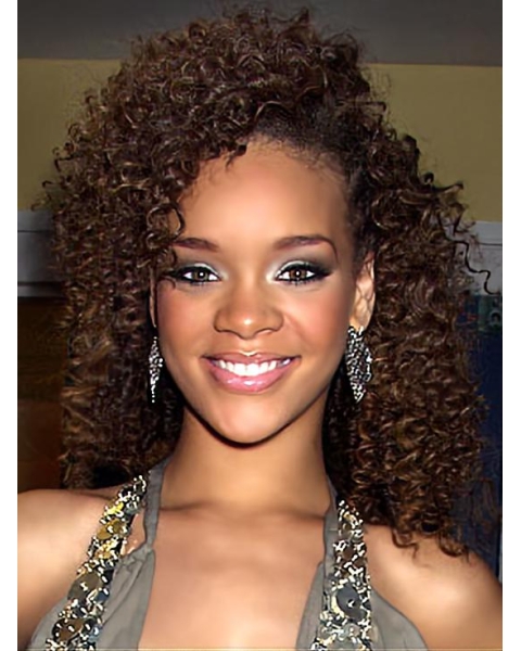 Rihanna Decent Mid-length Layered 1 Curly Lace Human Hair Wigs For Women