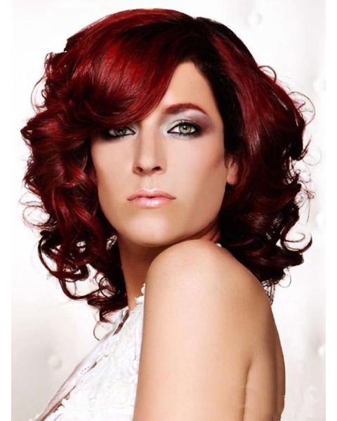 14 Inches Dark Red Curly  Shoulder Length Lace Front Human Hair Women Wigs