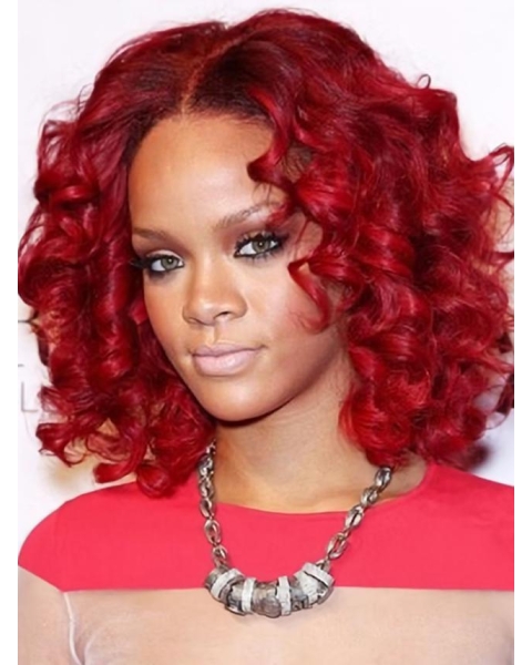 14 Inches Red Curly Shoulder Length Lace Front Human Hair Women Wigs