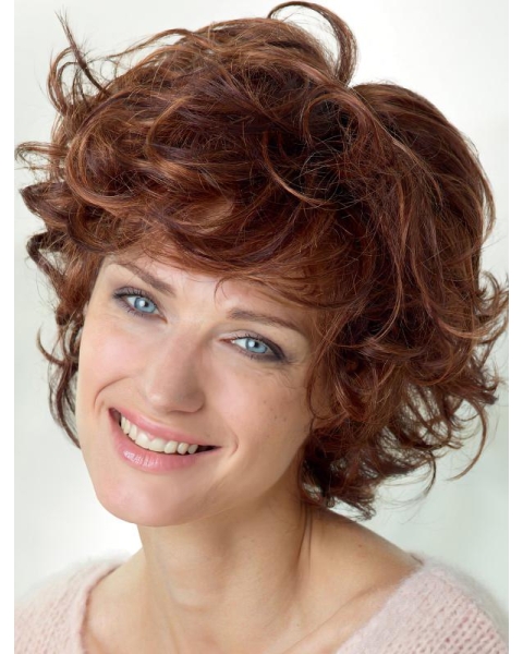 Amazing Auburn Shoulder Length Curly With Bangs Lace Front Beautiful Synthetic Women Wigs