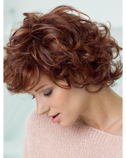 Amazing Auburn Shoulder Length Curly With Bangs Lace Front Beautiful Synthetic Women Wigs