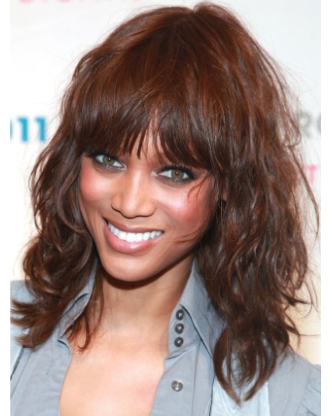  Gorgeous Chic Mid-length Curly with Bangs Lace Front Human Hair Tyra Banks Wig for women