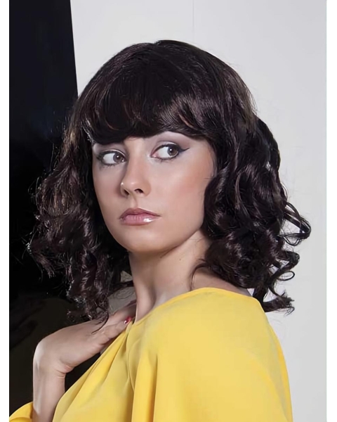 Great Curly Black With Bangs Capless High Quality Synthetic Women Wigs