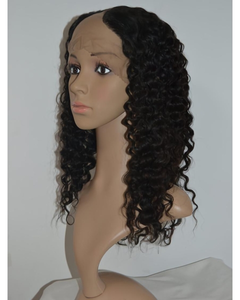 Stylish Black Curly Shoulder Length Lace Front Human Hair U Part Women Wigs