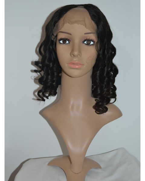 Soft Black Curly Shoulder Length Lace Front U Part Human Hair Women Wigs