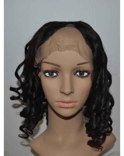 Soft Black Curly Shoulder Length Lace Front U Part Human Hair Women Wigs