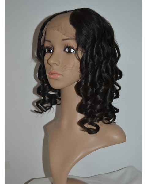 Soft Black Curly Shoulder Length Lace Front U Part Human Hair Women Wigs