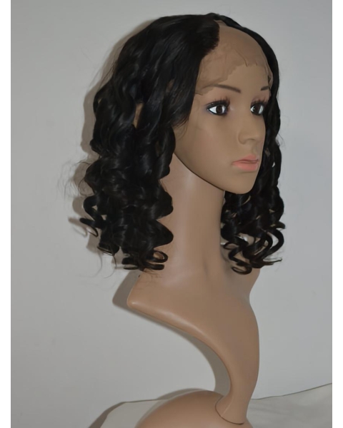 Soft Black Curly Shoulder Length Lace Front U Part Human Hair Women Wigs