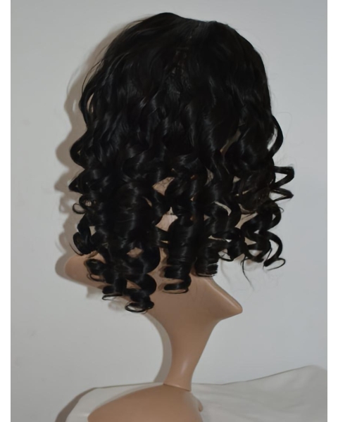 Soft Black Curly Shoulder Length Lace Front U Part Human Hair Women Wigs