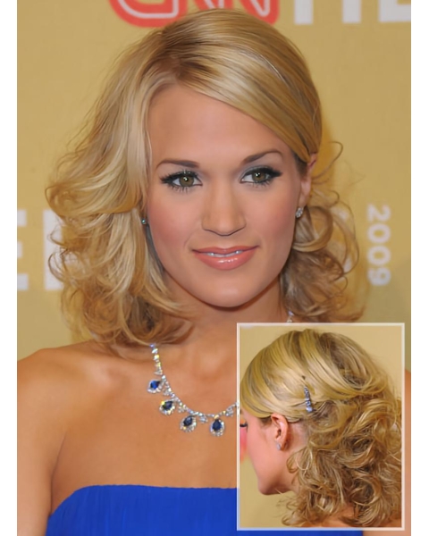 No-fuss Blonde Curly Shoulder Length Capless Human Hair Women Celebrity Wigs