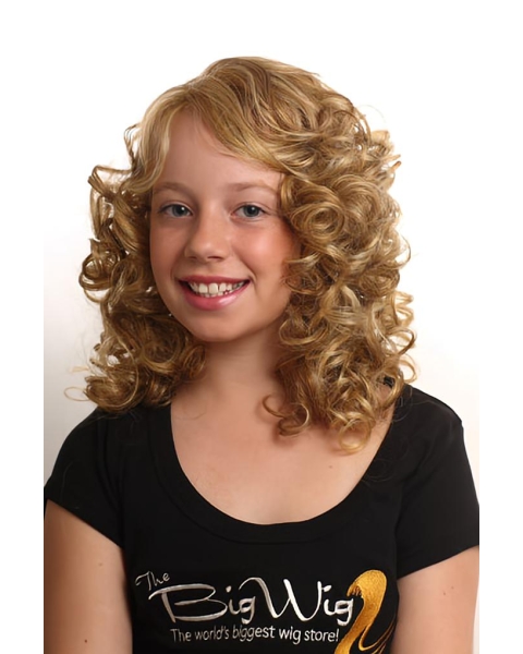 Beautiful Blonde Curly Shoulder Length Capless Synthetic Kids Wigs