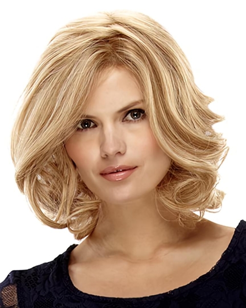 Fashion Medium Blonde Curly Capless Human Hair Women Wigs