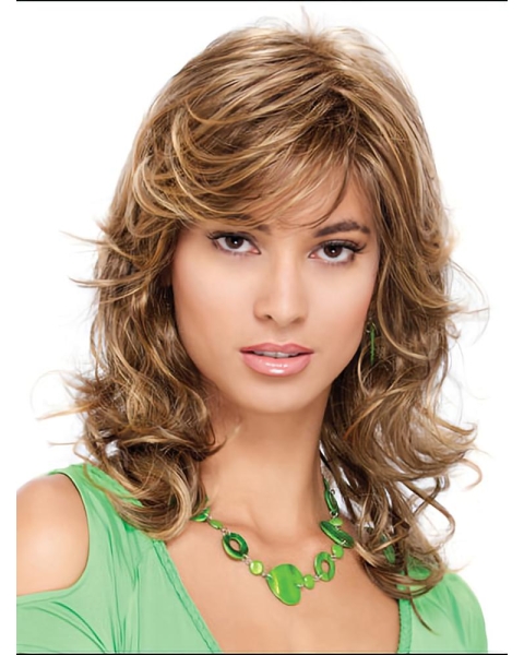 Classic Pleasing Blonde Curly Capless Synthetic Medium Women Wigs