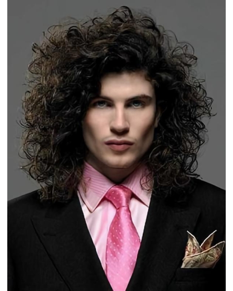 Popular Black Curly Shoulder Length Lace Front Synthetic Men Wigs