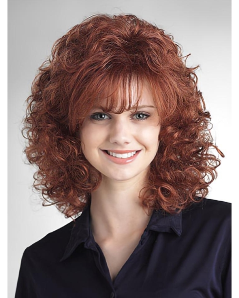 Traditional Auburn Curly Shoulder Length Capless Classic Synthetic Women Wigs