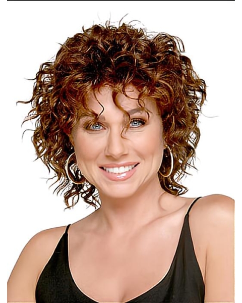 Sleek Auburn Curly Shoulder Length Capless Synthetic Women Wigs