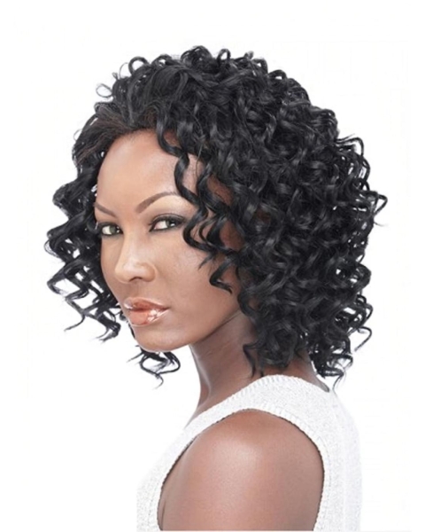 Impressive Black Curly Shoulder Length Capless Human Hair Wigs & Half Women Wigs