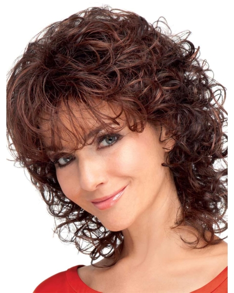 Exquisite Auburn Curly Shoulder Length Capless Classic Synthetic Women Wigs