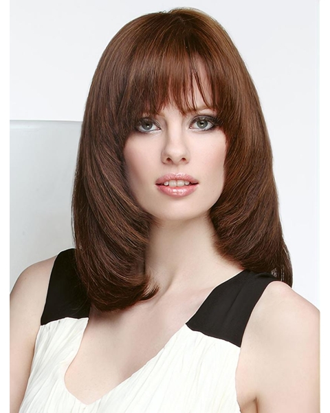 Brown Straight Shoulder Length  Monofilament  Layered Human Hair Women Wigs