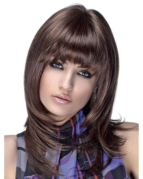 Straight Shoulder Length Brown Synthetic Layered Monofilament Wigs For Women