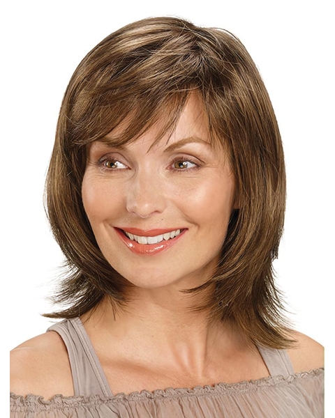 Brown Straight Shoulder Length Monofilament Synthetic Medium Length Wigs For Women