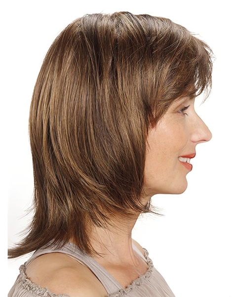 Brown Straight Shoulder Length Monofilament Synthetic Medium Length Wigs For Women