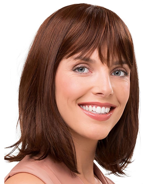 Auburn Shoulder Length Straight With Bangs Capless Synthetic Medium Length Women Wig