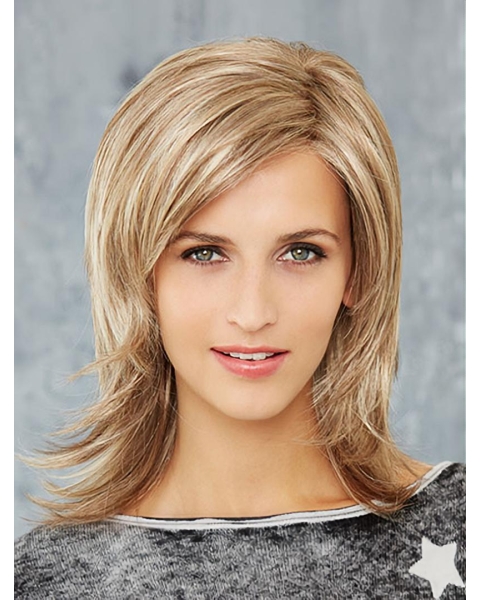 Blonde Straight Shoulder Length Layered Mono Synthetic Women Wigs