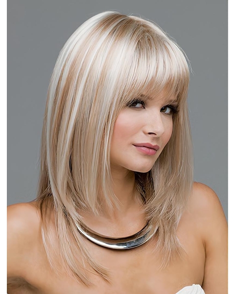 Blonde Shoulder Length Straight  With Bangs Mono  Top Quality Synthetic Women Wigs