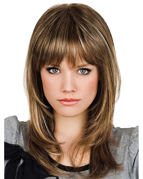 Brown Straight With Bangs Shoulder Length Mono Synthetic Women Wigs