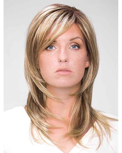 Blonde Straight Shoulder Length With Bangs Hand-Tide Synthetic Women Wigs