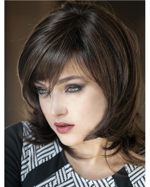 Brown Straight Shoulder Length With Bangs Capless Medium Synthetic Women Wigs