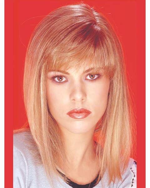  No-fuss Classic Blonde Shoulder Length Straight With Bangs Capless Synthetic Women Wigs