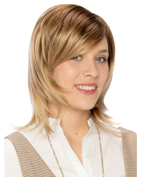 Blonde Straight Shoulder Length Layered Lace Front Synthetic Medium Women Wigs