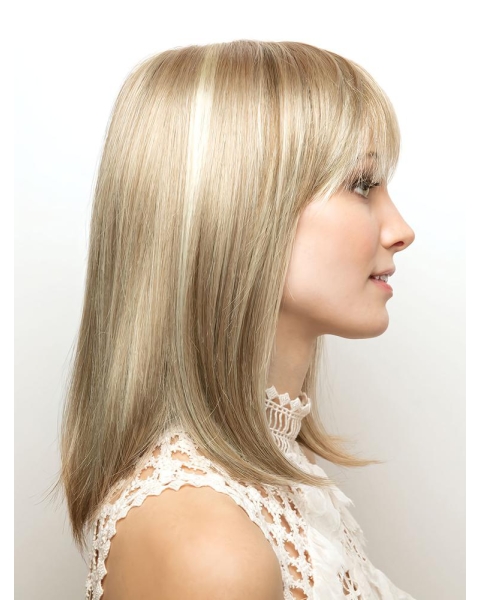 Blonde Straight With Bangs Shoulder Length Amazing Monofilament Synthetic Women Wigs