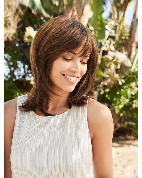 Brown Straight With Bangs Shoulder Length Modern Monofilament Synthetic Women Wigs