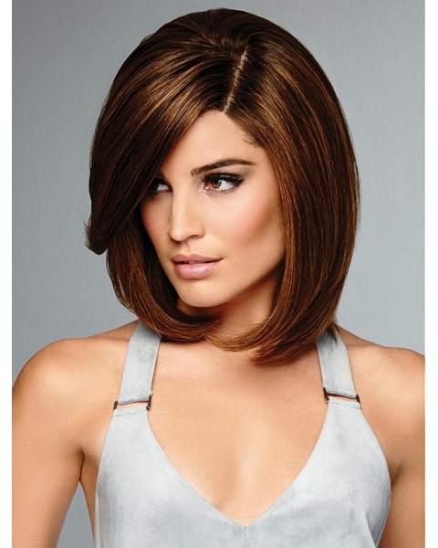 Brown Straight Shoulder Length  100% Hand-tied Human Hair Bob Style Women Wigs