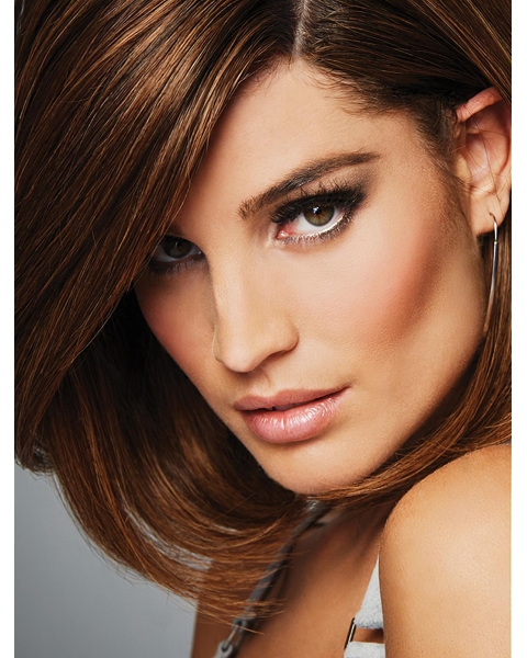 Brown Straight Shoulder Length  100% Hand-tied Human Hair Bob Style Women Wigs