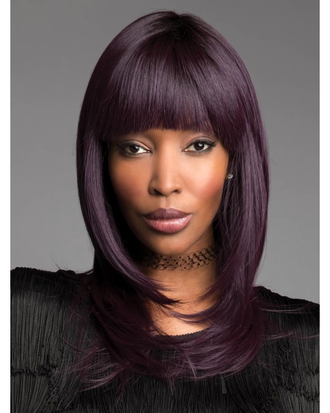 Purple Straight Shoulder Length With Bangs Capless Synthetic Women Wigs