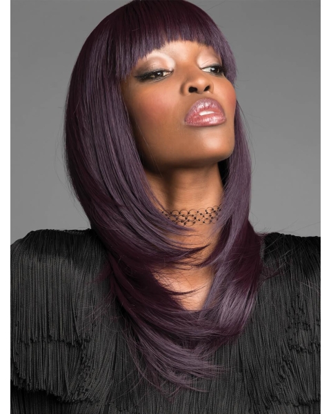 Purple Straight Shoulder Length With Bangs Capless Synthetic Women Wigs