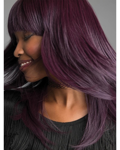 Purple Straight Shoulder Length With Bangs Capless Synthetic Women Wigs