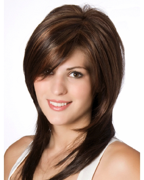 Straight  Brown Layered Shoulder Length Lace Front Human Hair Women Wigs