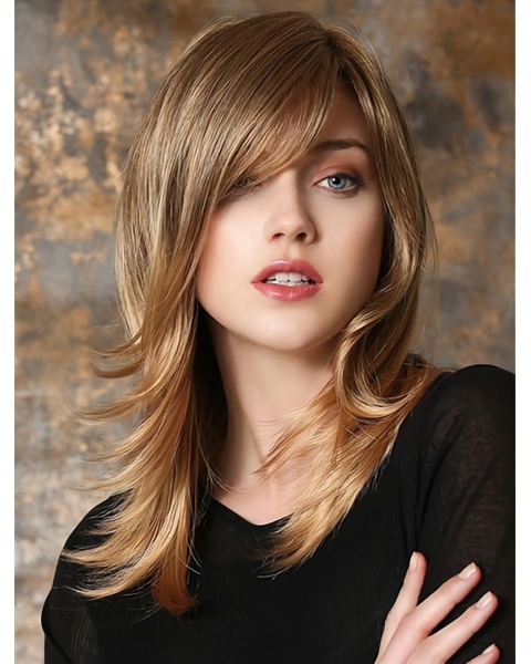 Traditional Straight Medium With Bangs Monofilament Synthetic Women Wigs