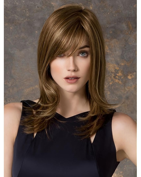 Traditional Straight Medium With Bangs Monofilament Synthetic Women Wigs