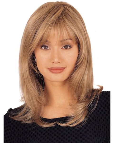 Best Blonde Straight Shoulder Length With Bangs Lace Front Human Hair Women Wigs